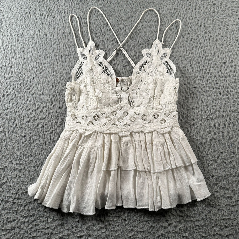 FP One Cami Womens S Lace Crochet Smocked Back Tiered Ruffle Peplum Boho White
